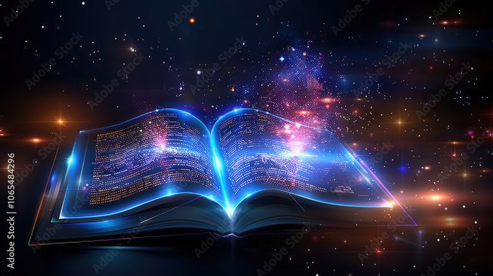 Poster glowing open book surrounded by cosmic background filled with stars and colorful nebulae creates sen