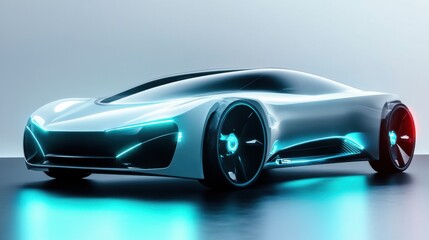 Futuristic white electric car with glowing neon lights