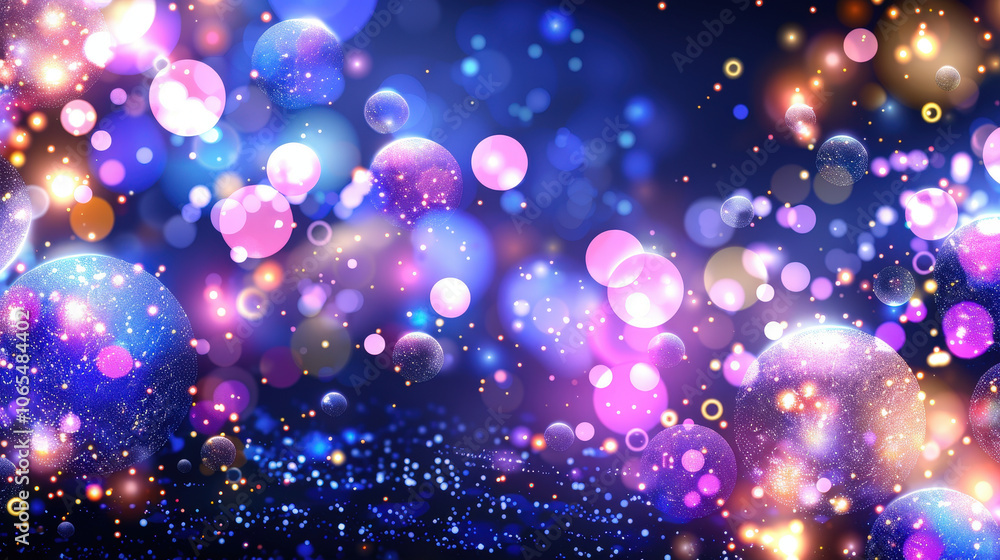 Poster vibrant and colorful abstract background featuring glowing orbs and bokeh effects, creating dreamy a