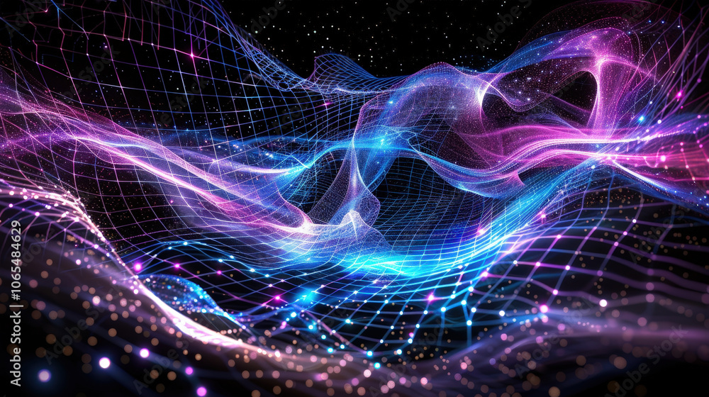Poster futuristic glowing waves with vibrant grid pattern create mesmerizing digital landscape. interplay o