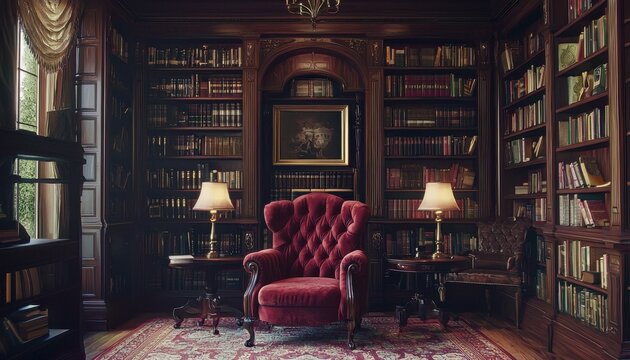 Elegant Library with Rich Wood and Cozy Furnishings