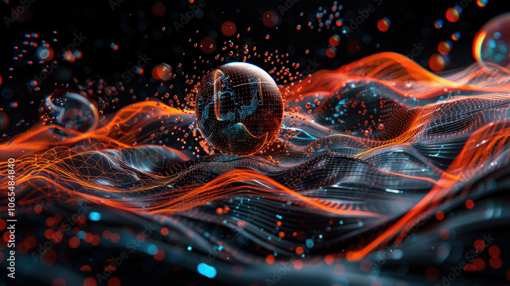 Poster futuristic digital landscape with vibrant waves and glowing spheres, creating mesmerizing visual exp