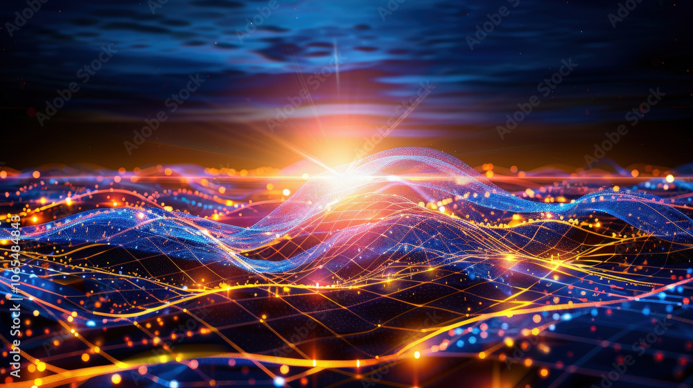 Poster futuristic digital landscape with vibrant waves and glowing lights, creating mesmerizing visual effe