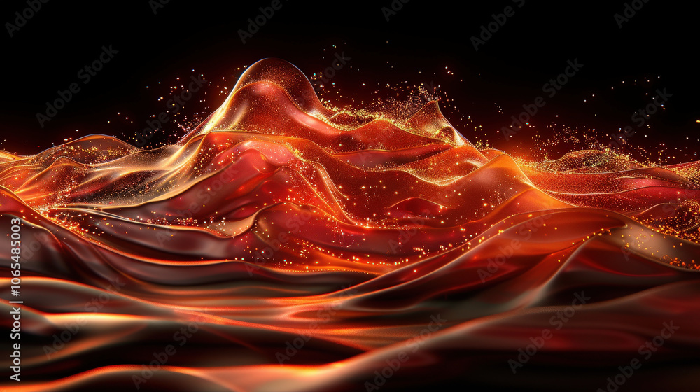 Poster dynamic and vibrant abstract waves of red and orange flow gracefully, creating mesmerizing visual ef