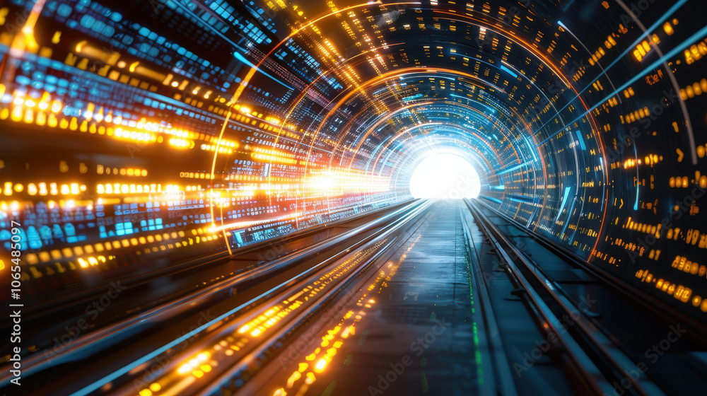 Poster futuristic technology tunnel with vibrant light trails and digital patterns, creating sense of speed