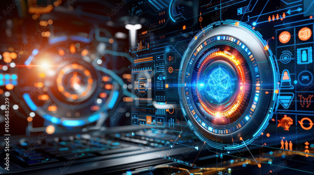 Poster futuristic technology design featuring intricate digital interfaces and glowing elements, showcasing