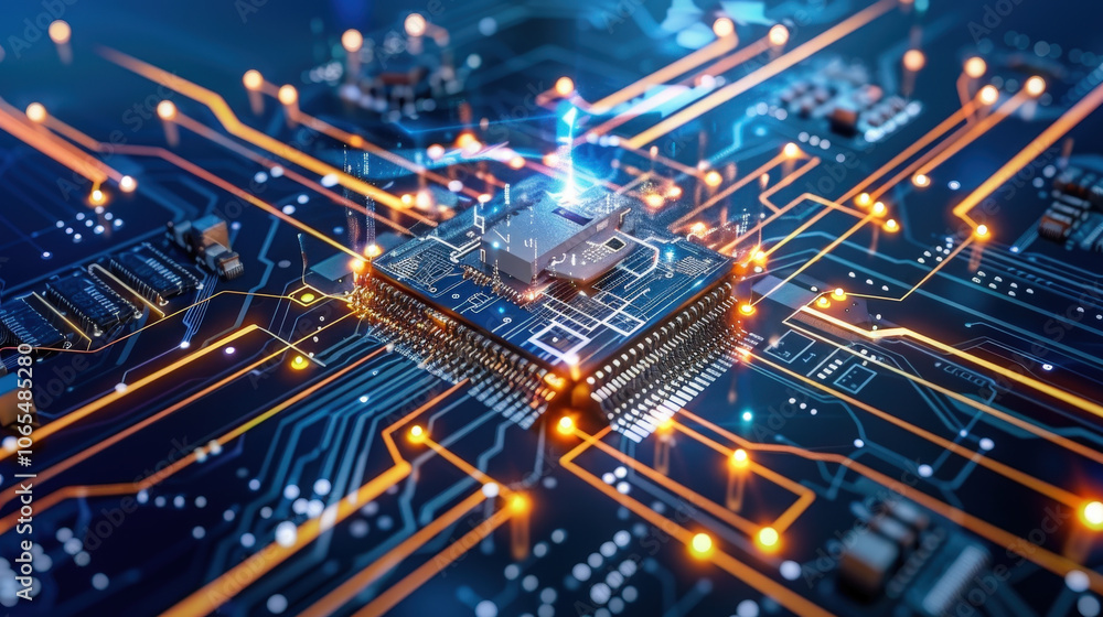 Poster futuristic technology poster featuring close up of microchip with glowing circuits and intricate des