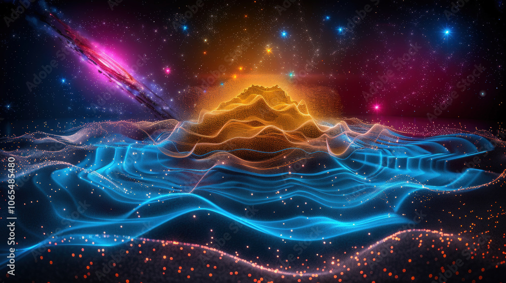 Poster mesmerizing landscape of flowing particles creates gentle arcs and layers, evoking sense of wonder a