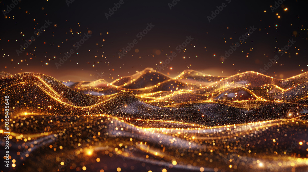 Poster glistening dots flow in soft waves, creating mesmerizing landscape of shimmering light and texture. 