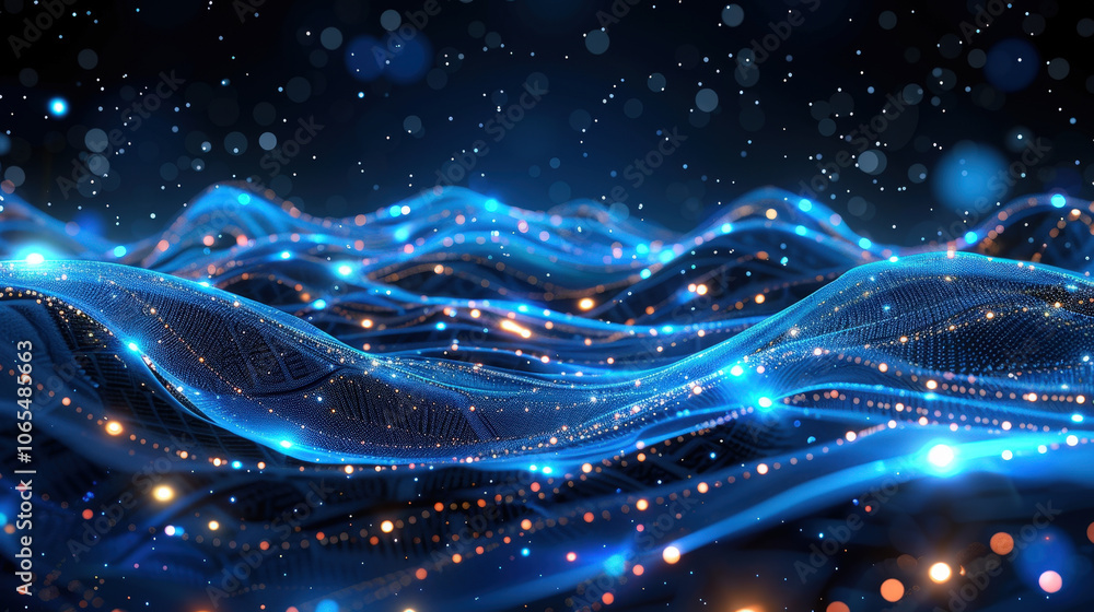 Poster glistening dots flow in soft waves, creating mesmerizing visual of light and movement. vibrant blue 
