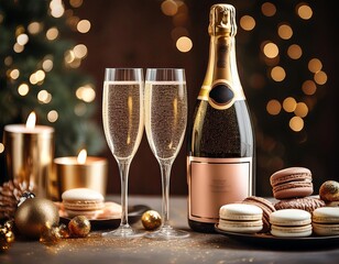 Bottle of champagne is on a table with two glasses of champagne. There are also some macarons on...