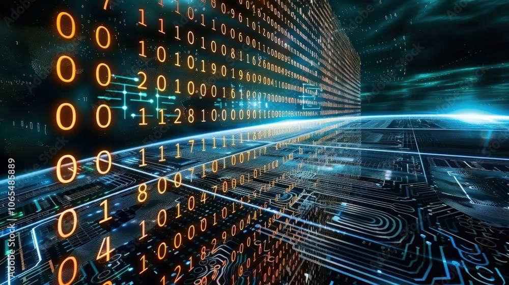 Aufkleber digital binary numbers illuminate futuristic landscape, showcasing blend of technology and data flow
