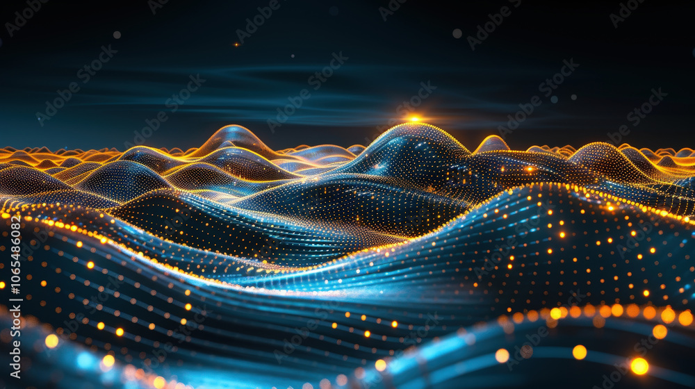 Poster glowing data lines flow over blue digital background, creating mesmerizing landscape of waves. vibra