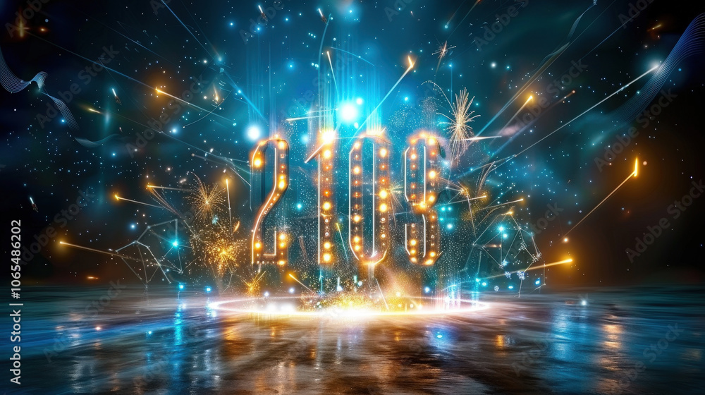Poster glowing numbers 2109 illuminate vibrant digital landscape filled with sparkling lights and dynamic e