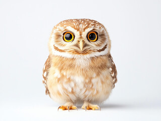 Obraz premium Cute owl with large eyes, fluffy feathers, and charming expression on white background. This captivating bird showcases its unique features and personality