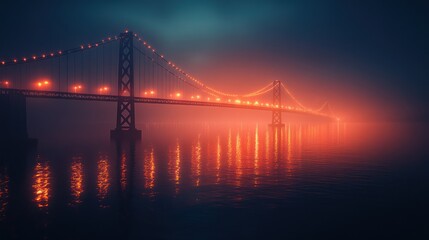 Obraz premium A suspension bridge illuminated by car headlights stretches across a foggy river at night.