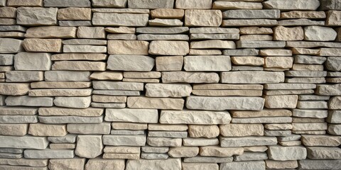 Fototapeta premium A wall of stacked rectangular and irregularly shaped stones, ranging in color from light to medium grey and tan, creating a textured and visually interesting surface.