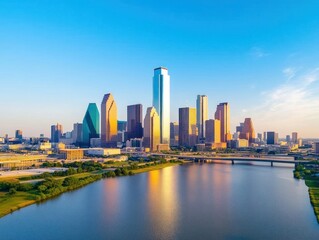 City skyline with modern skyscrapers reflecting on a river during golden hour.