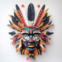A Native American mask designed with detailed geometric patterns, crafted with layered