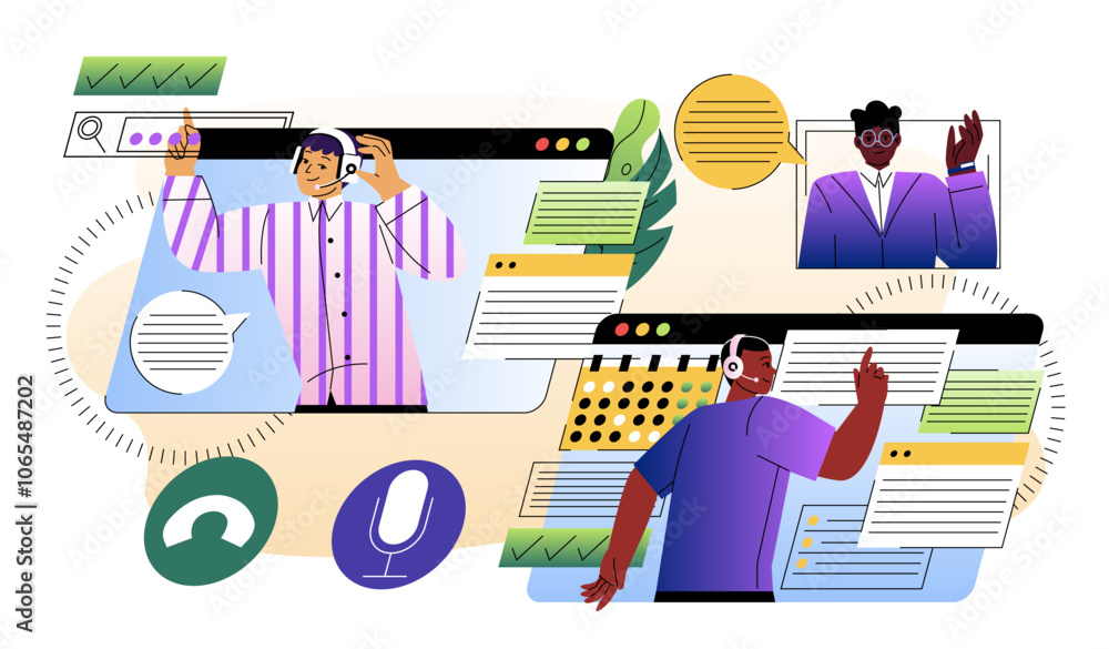 Poster people with customer service online. men in headsets with client. technical support and answers to q
