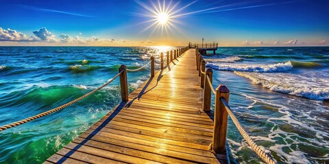 Obraz premium Wooden Pier Seascape, Sunny Day, Safety Ropes, Ocean Breeze