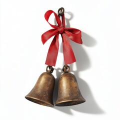 A pair of vintage-style Christmas bells tied with a red ribbon, hanging against a white background