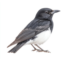 Obraz premium striking black and white bird with sleek body and sharp features, showcasing its elegant posture against white background. This captures essence of avian beauty and grace