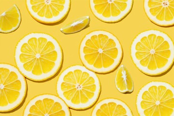 Fototapeta premium Bright Yellow Lemon Slices on a Sunny Yellow Background - Perfect for Food Photography, Graphic Design, and Summer-Themed Projects