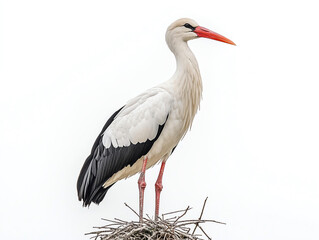 stork stands gracefully on its nest, showcasing its striking white feathers and vibrant orange beak. This elegant bird symbolizes new beginnings and nature beauty