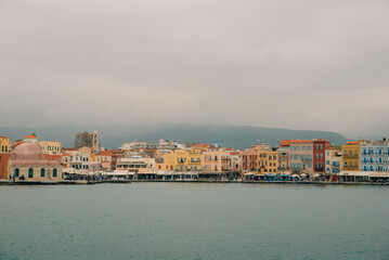 Obraz premium A view of the Cretan sea and Greek port of Chania on the island of Crete, greece - april 2 2024