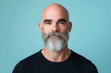 Fototapeta premium A bald man with a gray beard, wearing a black T-shirt on a light blue background.