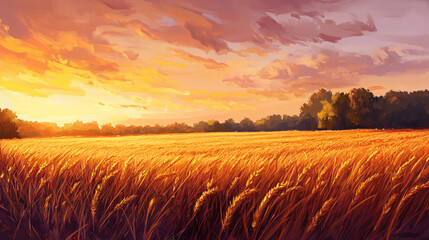 Obraz premium A vibrant sunset casting warm hues over the harvest fields, inviting a sense of calm and reflection.