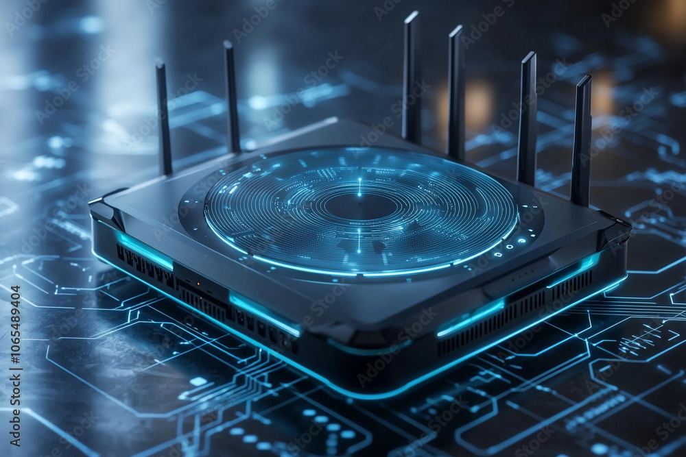 Poster advanced wireless router with glowing design on digital background