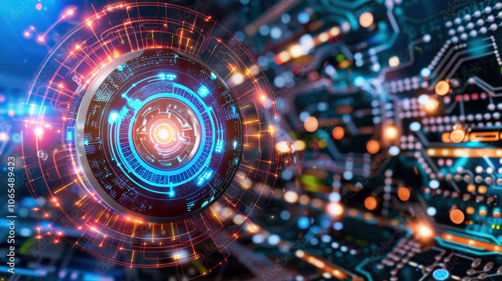 Poster futuristic digital technology with glowing circuits and central orb, representing advanced computing