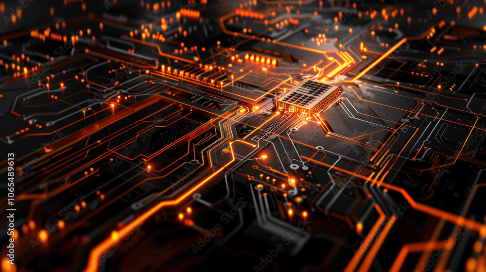 Aufkleber high tech abstract digital circuit background with glowing orange lines and central processor. this 