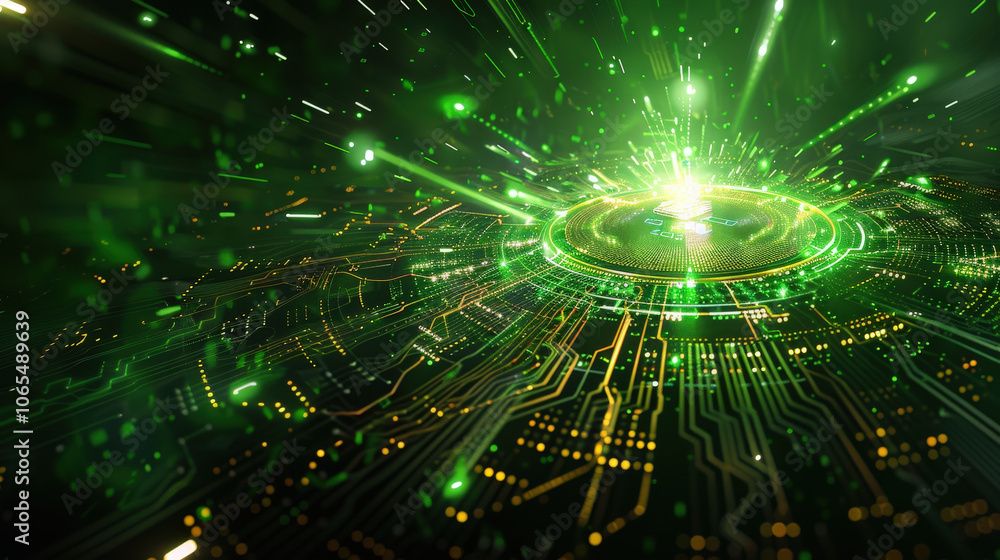 Poster high tech abstract background featuring digital circuits and glowing green lights, creating futurist