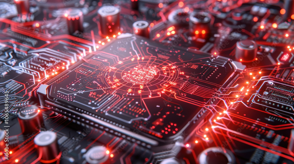 Poster high tech abstract circuit board with glowing red lights and intricate patterns, showcasing advanced