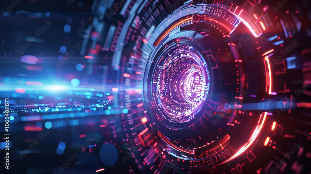 Poster futuristic digital tunnel with glowing binary code and vibrant colors, creating high tech atmosphere