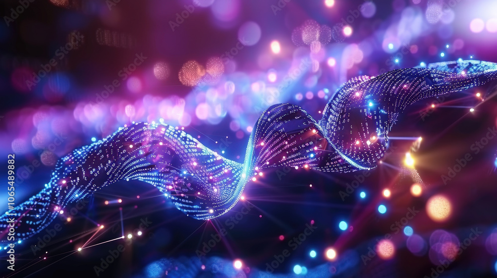Poster mesmerizing wave of glowing digital data flows through vibrant space, showcasing blend of blue and p