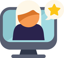 Businesswoman giving positive feedback, rating experience with five stars in speech bubble on computer screen