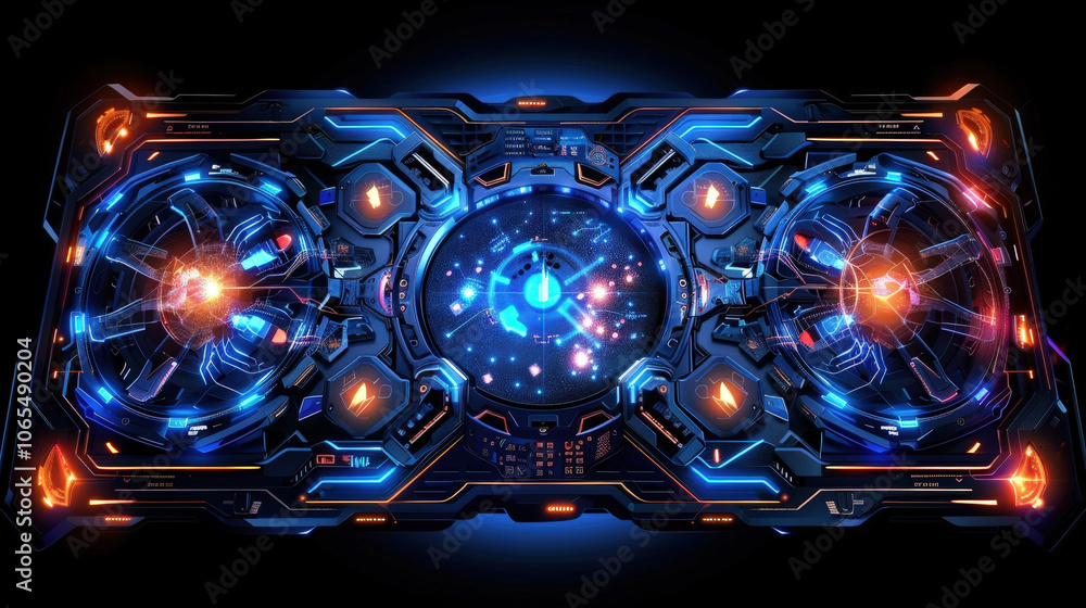 Poster high tech design featuring digital grid background with vibrant blue and orange elements, creating f