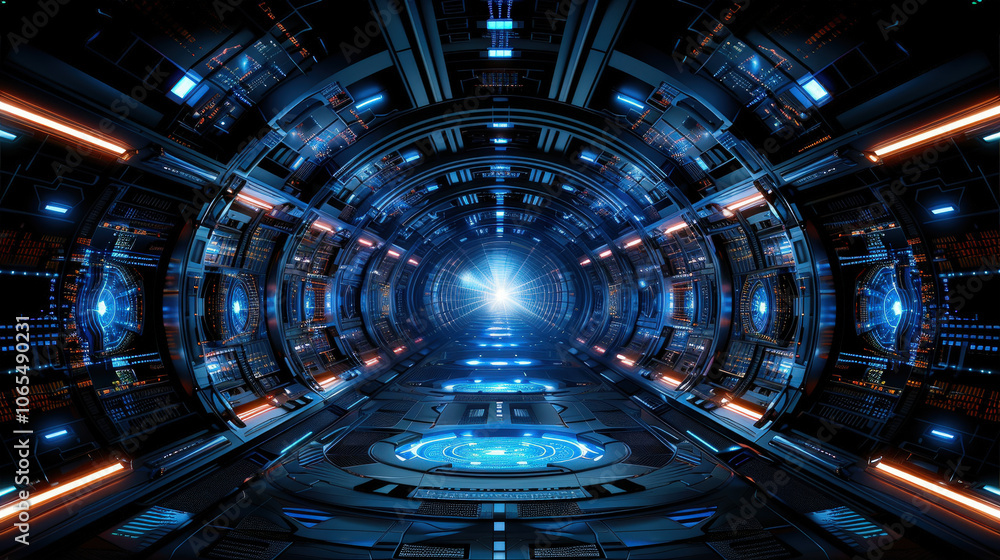 Poster futuristic tunnel with high tech design featuring digital grid background and glowing blue lights. b