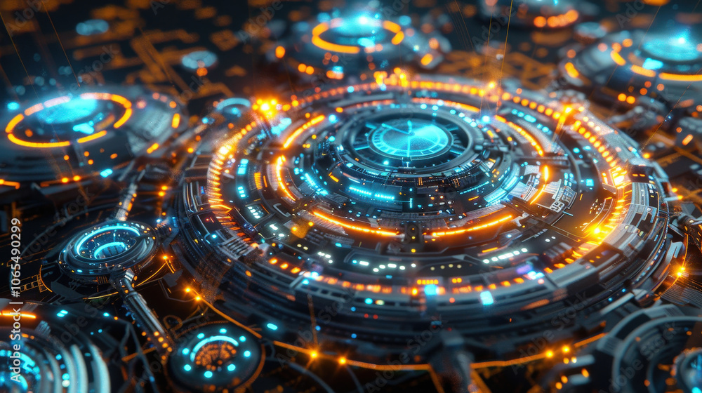 Poster high tech design featuring digital grid background with glowing circular elements and intricate patt