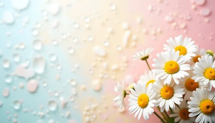 Daisy Flowers on Soft Pastel and Water Drop Background.