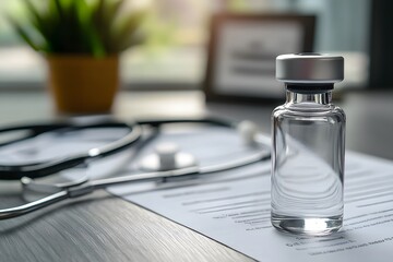 Medical Vial on Desk in Doctor's Office Environment