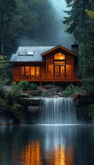 Fototapeta premium AI generator image of Country Resort style wooden house on the top of a mountain with a view of waterfalls and rocks, beautiful landscape 