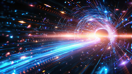 Fototapeta premium mesmerizing digital representation of cosmic tunnel, showcasing vibrant light trails and swirling colors that evoke sense of speed and motion through space