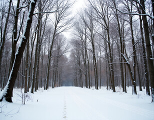 A tranquil winter scene of a snow-dusted forest