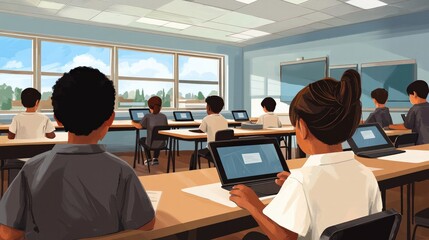 Fototapeta premium Students Engage in Digital Learning During Classroom Session