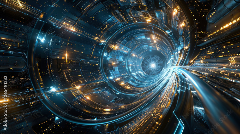 Poster futuristic digital tunnel with glowing lights and intricate patterns, creating sense of depth and mo